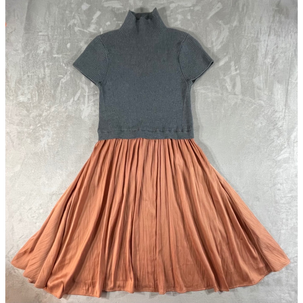 Anthropologie Mixed Media Dress Womens S Gray Orange Ribbed Knit Pleat Mockneck